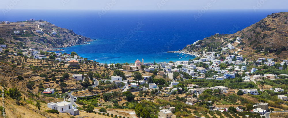 Panoramic view of Kini village and beach in Syros island. Greece