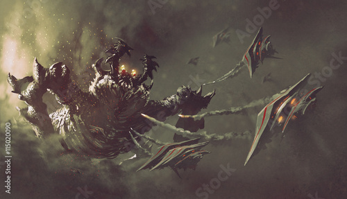 Tablou canvas battle between spaceships and monster,sci-fi concept illustration painting