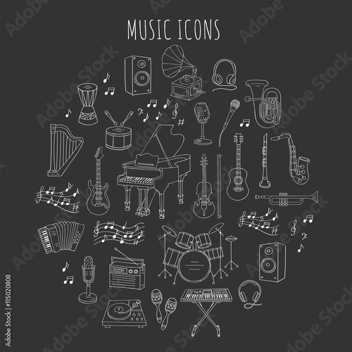 Music icon set vector illustrations hand drawn doodle. Musical instruments and symbols piano, guitar, synthesizer, drum set, gramophone, microphone, violin, trumpet, accordion, saxophone, headphones.