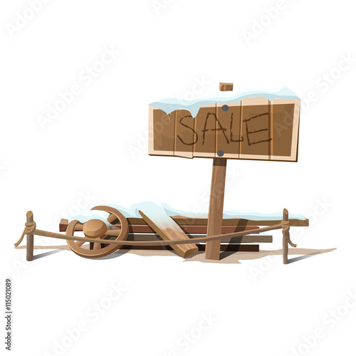 Wooden sign sale in snow and wreckage