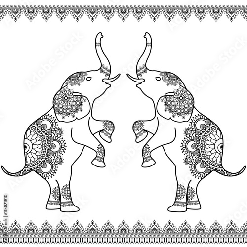 Canvas Print Two elephants standing up with seamless line lace borders in ethnic mehndi Indian henna style