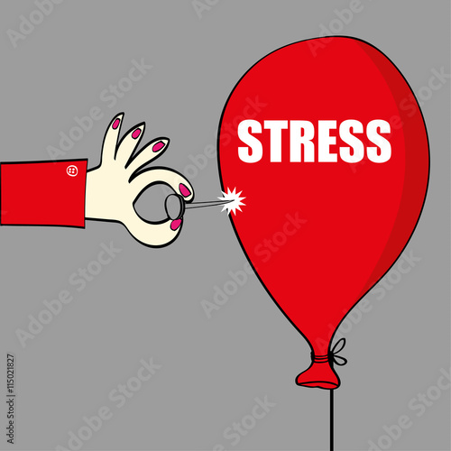 Relief from stress concept with a hand holding a sharp pin or needle about to burst a red balloon with the word stress on it in white text