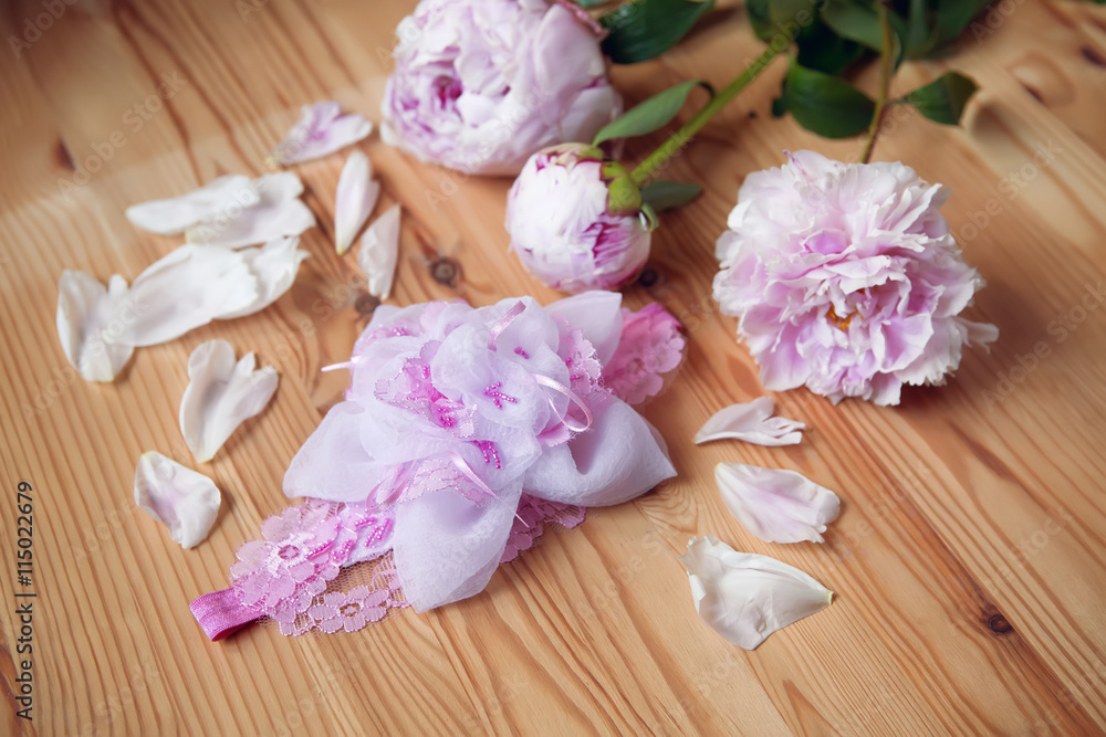 baby headband, flower made of fabric and lace, beads baby headband, flower made of fabric and lace, beads