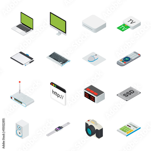 Isometric home and office computer equipment with desktop, laptop, tablets  phone etc.