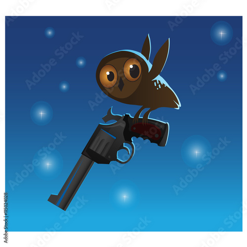 Little cute owl stole the big gun, blue background