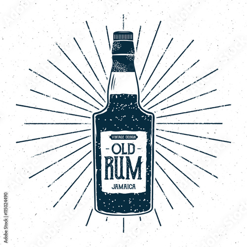 Retro rum bottle label design. Vintage alcohol badge, typography poster for tee , printing t-shirt, web projects. With grunge distressed effects and star burst elements. Isolated