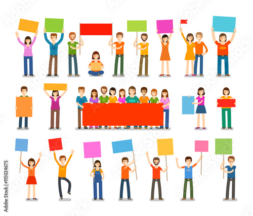 Demonstration or procession, parade icons. People with placards isolated on white background. Vector illustration