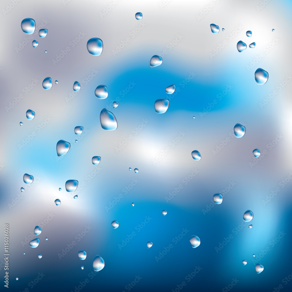 Vector illustration of glass covered with drops of water after the rain and blurred cloudy sky background