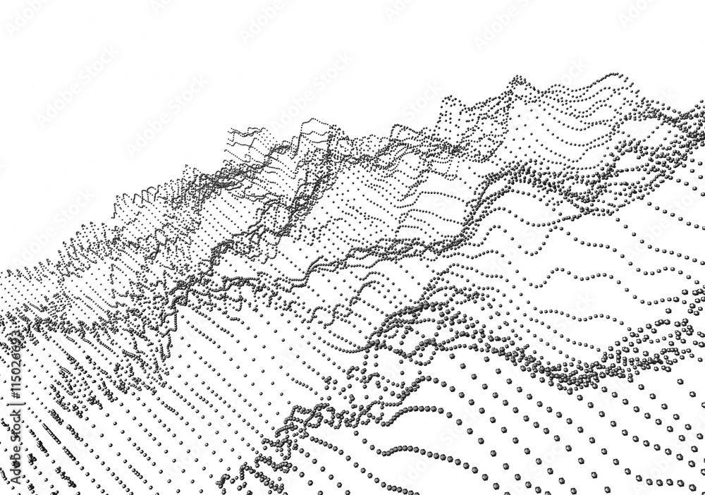 Abstract 3d rendering of waves with particles on white background. Futuristic background with lines of many low poly spheres. Design for poster, cover, banner, placard Abstract 3d rendering of waves with particles on white background. Futuristic background with lines of many low poly spheres. Design for poster, cover, banner, placard