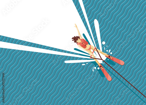 Girl water skiing. Top view of woman on the sea.