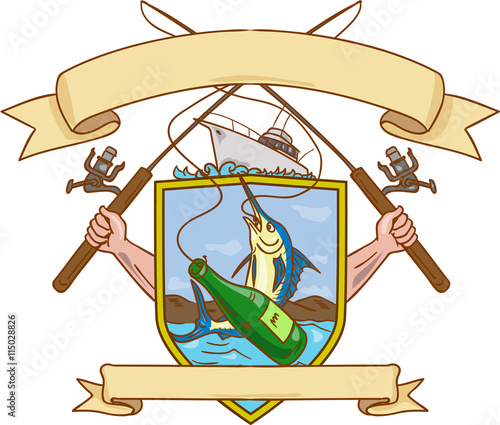 Fishing Rod Reel Hooking Blue Marlin Ribbon Coat of Arms Drawing