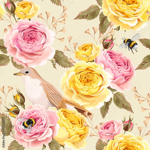 English roses and birds seamless
