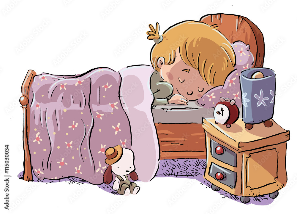 niño durmiendo en la cama ilustración de Stock | Adobe Stock