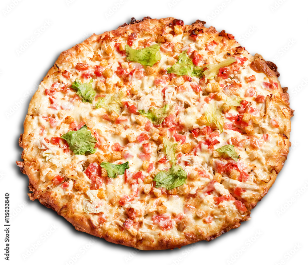 Isolated fresh pizza on white background. Delicious healthy snack with fresh vegetables and cheese. Hot meal with many ingridients. Unhealthy junk food. Street food. Italian cuisine.