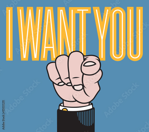 I want you vector illustration of hand with finger pointed at viewer based on classic printer’s pointer.