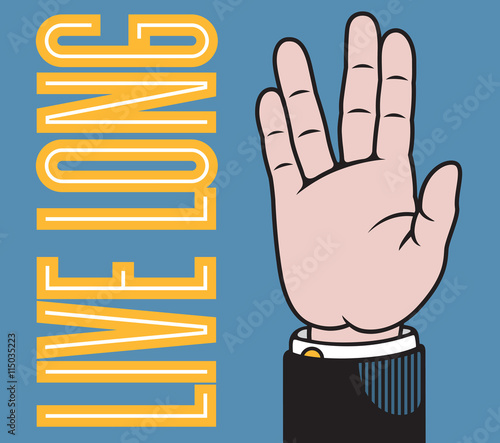 Live long hand vector illustration with fingers spread in Vulcan salute based on classic printer’s pointer.
