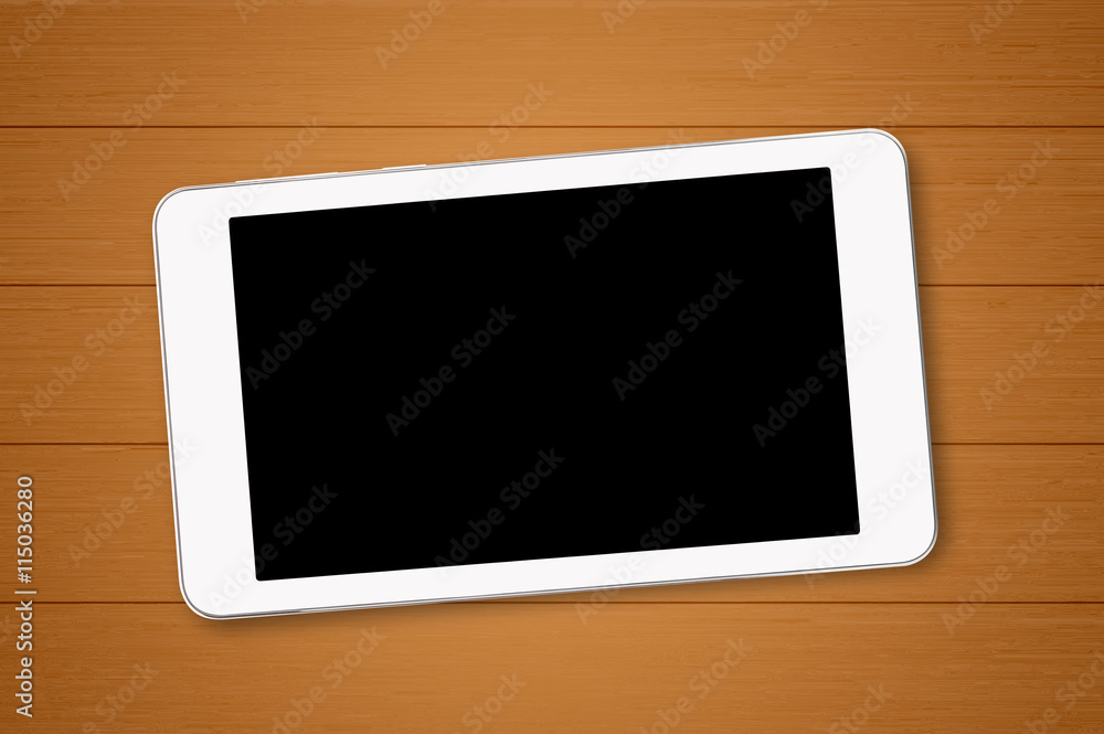 Mobile phone with blank screen mockup on wood table background Mobile phone with blank screen mockup on wood table background