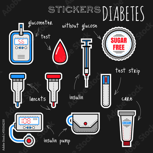 Diabetes. Set of flat colored icons, stickers. Glucometer, insulin. Vector