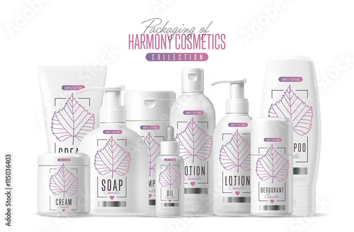 Harmony organic cosmetic brand vector packaging template, body care product. Oil, lotion or soap, shampoo, cream. Realistic bottle mock up set, isolated pack on white background.