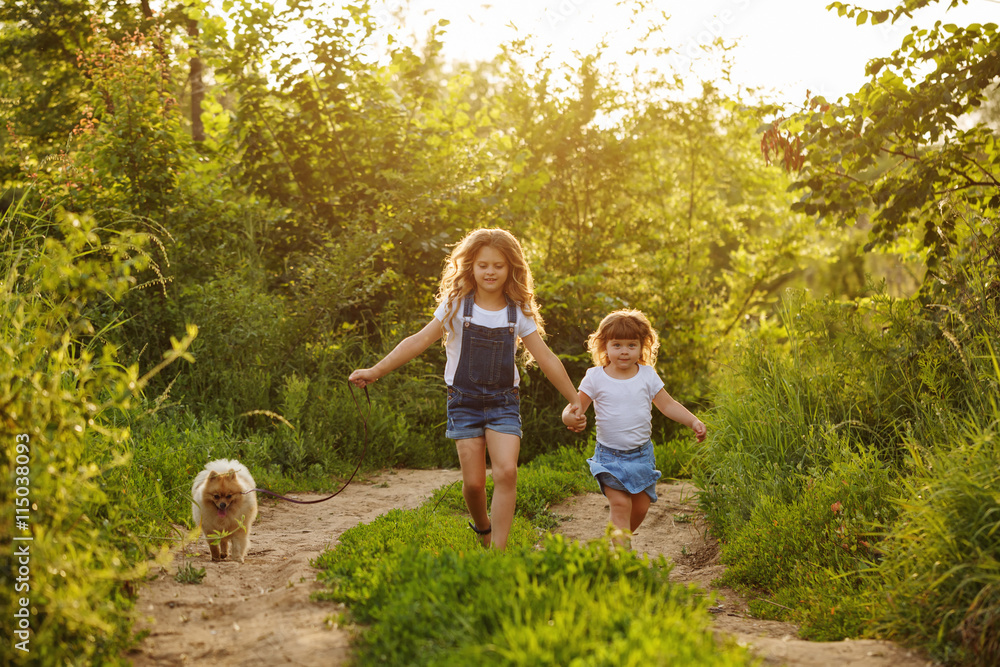 Fototapeta premium Little sister running with a dog