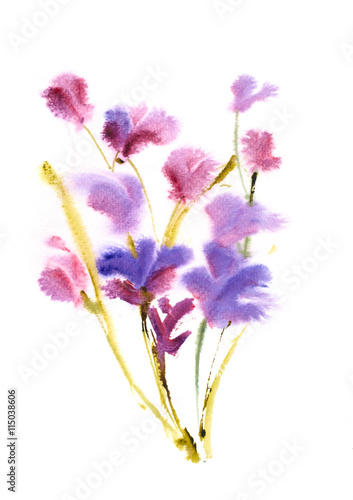 Colorful abstract flowers, watercolor painting
