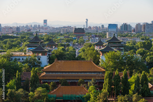 Aerial view of Forbidden City in Beijing from top of Jingshan Hill at dusk, Beijing, China