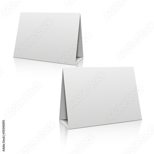 Blank white paper stand table holder card. 3D vector design template. Mockup blank for brochure or card, illustration horizontal poster