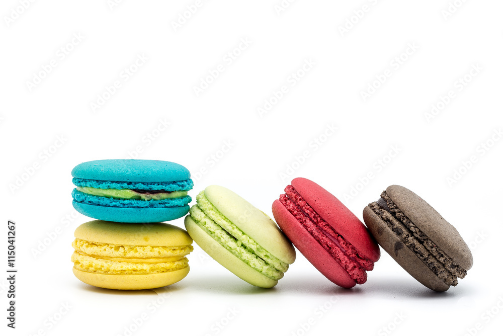 Sweet and colourful french macaroons or macaron on white backgro