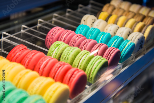 Colourful macaroons in row selective focus