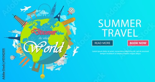 Trip to World. Travel to World. Vacation. Road trip. Tourism. Travel banner. Journey. Travelling illustration. Modern flat design. EPS 10. Colorful.
