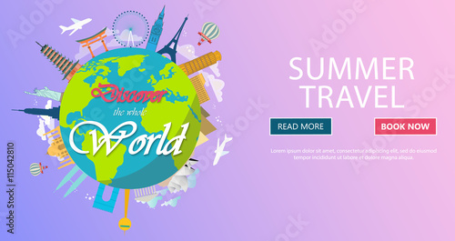 Trip to World. Travel to World. Vacation. Road trip. Tourism. Travel banner. Journey. Travelling illustration. Modern flat design. EPS 10. Colorful.
