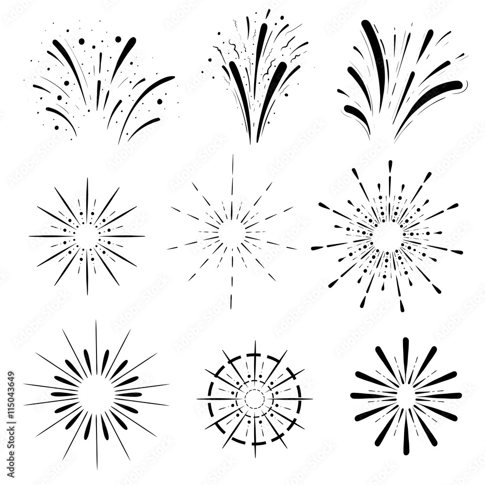 Obraz premium Pyrotechnic line icons. Fireworks and celebration Retro Sun burst shapes. Vintage starburst logo, labels, badges. Vector design elements isolated.