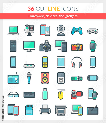 Hardware, devices and gadgets Icons. Set of modern Outline icons of hardware, devices and gadgets. Build on 64px grid pixel perfect