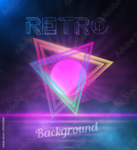 Illustration of Retro Neon Background. 1980 Neon Poster. Retro Disco 80s Background with Triangles, Flares, Partickles