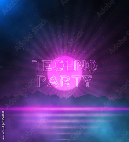 Illustration of Retro Neon Background. 1980 Neon Poster. Retro Disco 80s Background with Triangles, Flares, Partickles