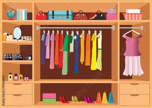 Flat Design walk in closet with shelves.