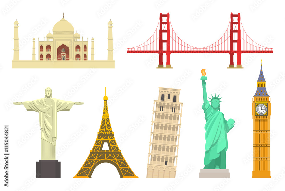 Famous world landmarks set. Vector travel destinations icons. Isolated on white. Taj Mahal, San Francisco Golden Gate Bridge, Christ the Redeemer, Eiffel Tower, Pisa, Statue of Liberty, Big Ben