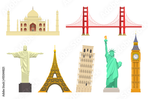 Famous world landmarks set. Vector travel destinations icons. Isolated on white. Taj Mahal, San Francisco Golden Gate Bridge, Christ the Redeemer, Eiffel Tower, Pisa, Statue of Liberty, Big Ben