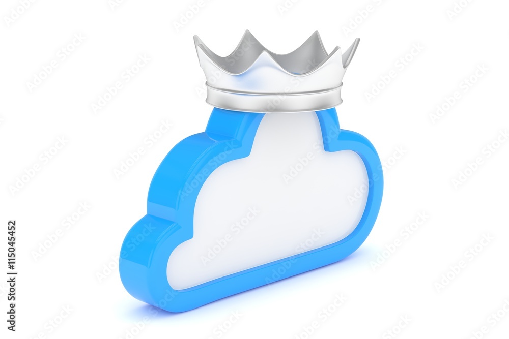 Isolated blue cloud icon with silver crown on white background. Symbol of communication, network and technology. Broadband. Online database. 3D rendering. Isolated blue cloud icon with silver crown on white background. Symbol of communication, network and technology. Broadband. Online database. 3D rendering.