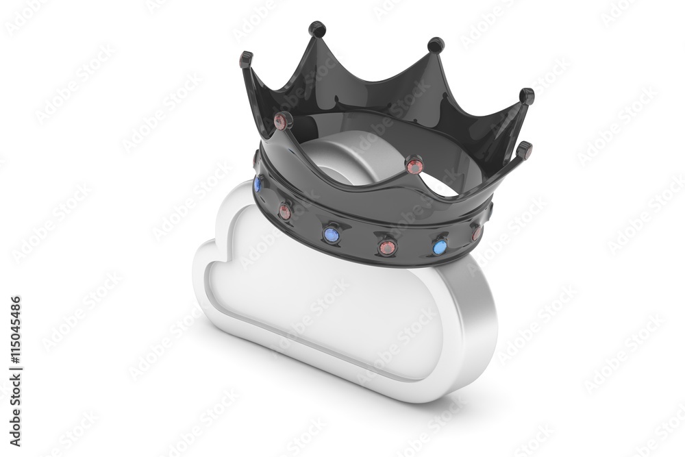 Cloud with black crown on white background. Model of best network, database, cloud storage. Royal technology. 3D rendering. Cloud with black crown on white background. Model of best network, database, cloud storage. Royal technology. 3D rendering.
