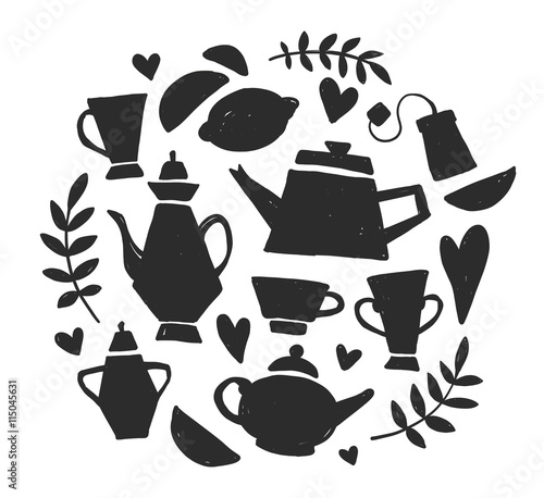 Tea party handsketched doodle set. Tea lettering, vector typography elements. Sketched kettle, cup, tea bag, lemon, hearts and branches. Vintage tea time collection. Different teapots and cups.