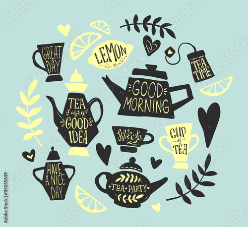 Tea party handsketched doodle set. Tea lettering, vector typography elements. Sketched kettle, cup, tea bag, lemon, hearts and branches. Vintage tea time collection. Different teapots and cups.