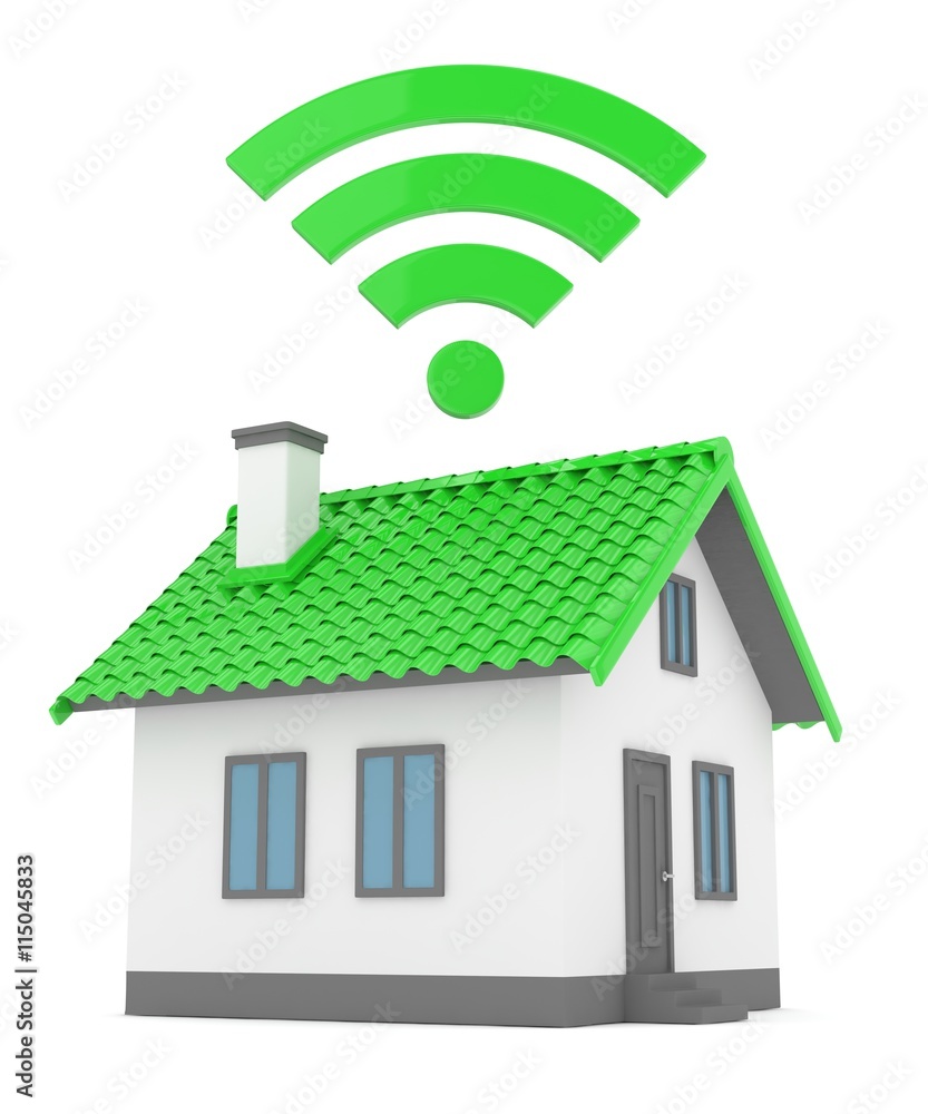 Wifi house on white background. Wireless technology. Internet, phone and radio signal. Network. 3D rendering Wifi house on white background. Wireless technology. Internet, phone and radio signal. Network. 3D rendering