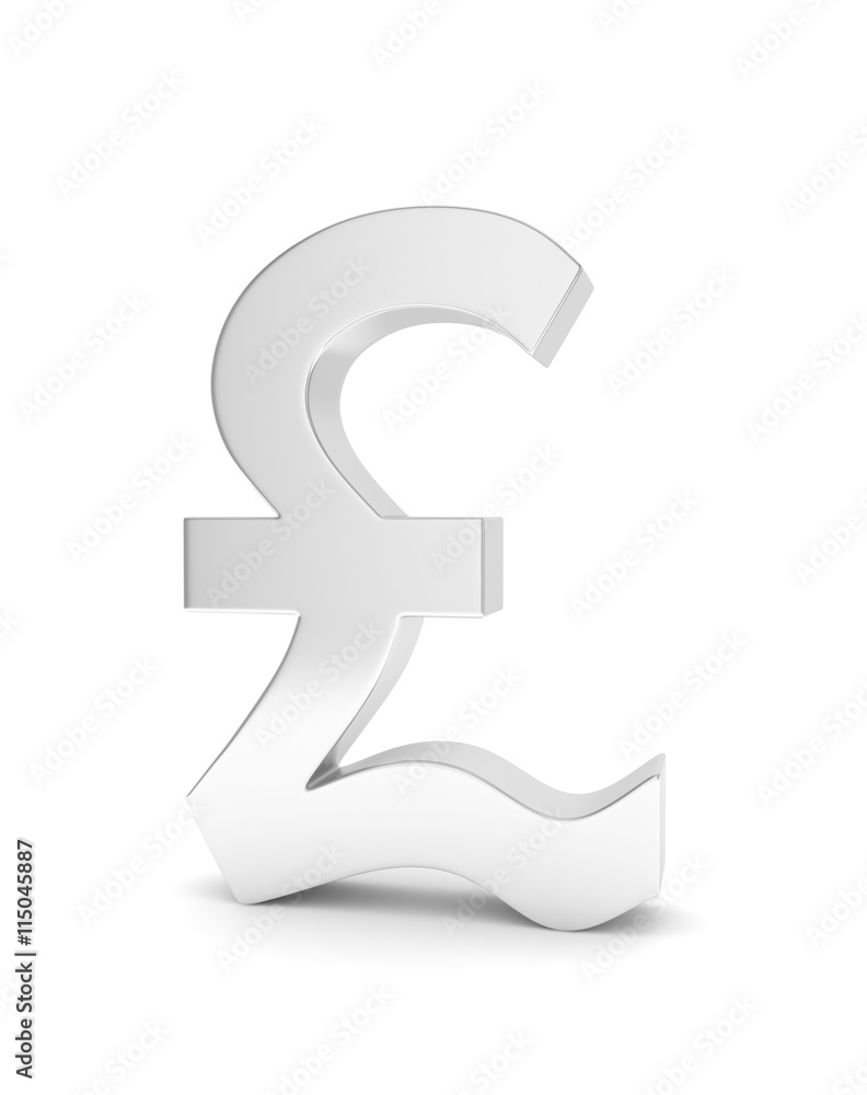 Isolated silver pound sign on white background. British currency. Concept of investment, european market, savings. Power, luxury and wealth. Great Britain, Nothern Ireland. 3D rendering. Isolated silver pound sign on white background. British currency. Concept of investment, european market, savings. Power, luxury and wealth. Great Britain, Nothern Ireland. 3D rendering.