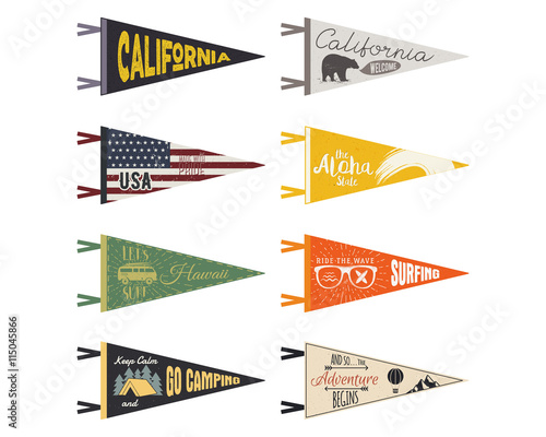 Set of adventure pennants. Vector Pennant explore flags design. Vintage surf, caravan, rv templates. USA, california pennant with summer camp symbols trailer, signpost, bear. Summer hawaii old style.