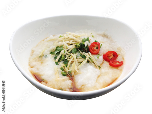 asian food - a bowl of congee with minced pork isolated on white background