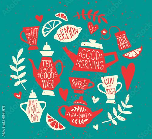 Tea party handsketched doodle set. Tea lettering, vector typography elements. Sketched kettle, cup, tea bag, lemon, hearts and branches. Vintage tea time collection. Different teapots and cups.