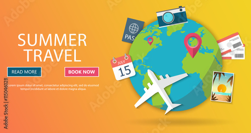 Trip to World. Travel to World. Vacation. Road trip. Tourism. Travel banner. Journey. Travelling illustration. Modern flat design. EPS 10. Colorful.