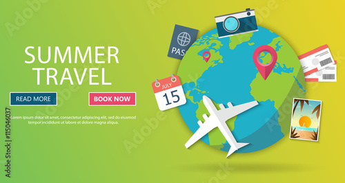 Trip to World. Travel to World. Vacation. Road trip. Tourism. Travel banner. Journey. Travelling illustration. Modern flat design. EPS 10. Colorful.