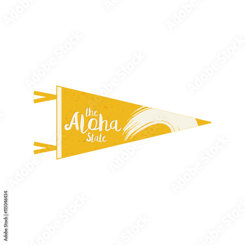 Hawaii flag pennant Vector Hawaiian Pennant cocnept design. Vintage surfing template. USA hawaii pennant with summer surf symbols - waves and aloha peace greeting. Summer hawaii aloha state old style.